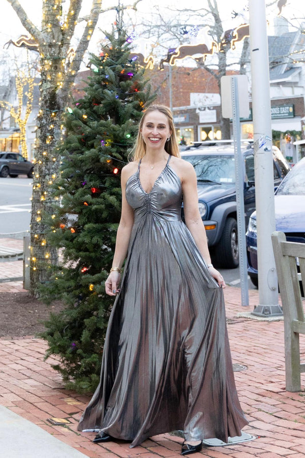 Long Draped Silver Dress